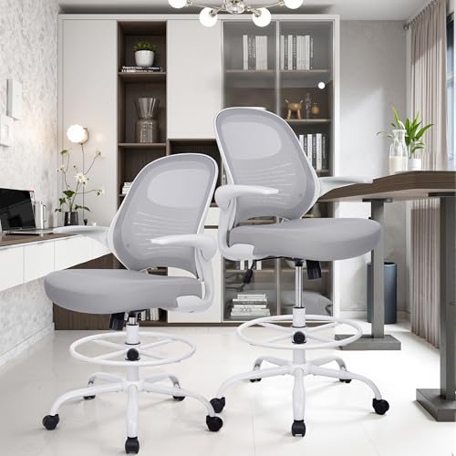Image of HYLONE Tall Drafting Chair Standing Desk Chair with Flip-Up Armrests, Adjustable Height Ergonomic Office Chair with Footrest Ring - High Stool Chair for Standing Desk (Light Grey)
