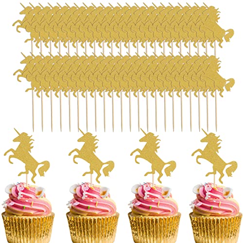 48 Stück Gold Einhorn Cupcake Topper - Pferd Geburtstag Party Cupcake Topper, Baby Shower/Mädchen und Junge Einhorn Thema Geburtstag Party Cupcake Dekoration, Gold Glitter Einhorn Cupcake Topper