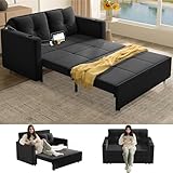 Krcix 3 in 1 Pull Out Couch, 56 Inch Velvet Sofa Bed, Convertible Loveseat Sleeper Sofa for Living Room, Small Space, Upholstered Couch Bed with USB, Cup Holder(Black)