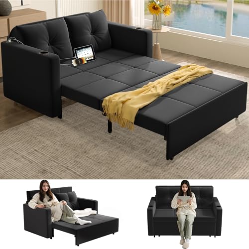 Krcix 3 in 1 Pull Out Couch, 56 Inch Velvet Sofa Bed, Convertible Loveseat Sleeper Sofa for Living Room, Small Space, Upholstered Couch Bed with USB, Cup Holder(Black)