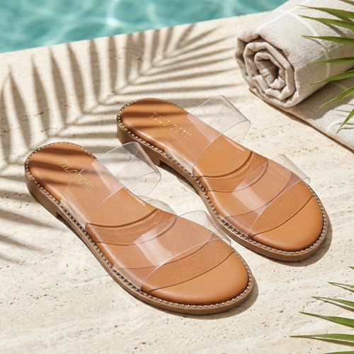 Image of Tilocow Women's Flat Sandals Two Strap Summer Dressy Studded Slide Sandals Open Toe Cute Casual Slip on Comfort Shoes for Beach Travel Daily Wear