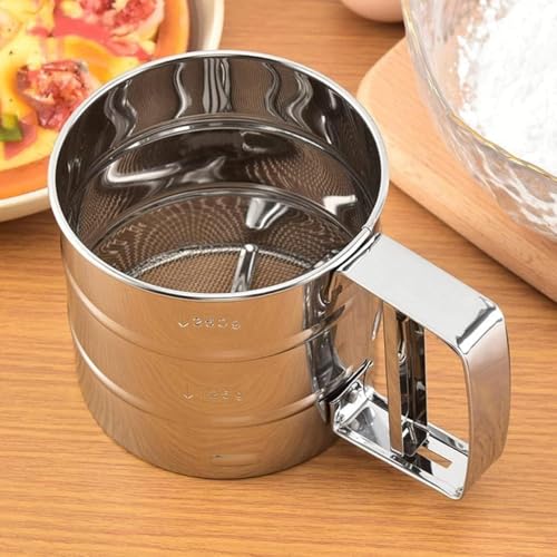 Image of Stainless Steel Flour Sifter with Hand Crank Double Mesh Fine Sieve for Baking Atta Maida Sugar Cocoa Powder Kitchen Tool