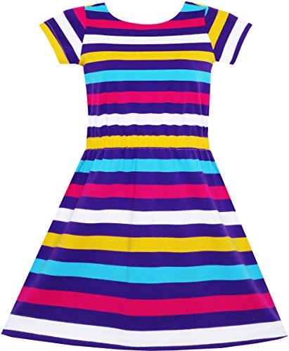 Image of Sunny Fashion Girls Dress Colorful Striped Knitted Cotton Stretch School
