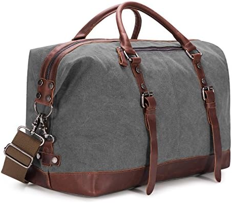 BAOSHA Oversized Canvas PU Leather Travel Tote Duffel Bag Weekender Overnight Bag (Grey)