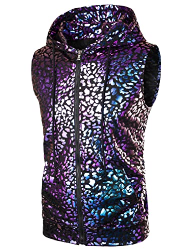 Image of ZEROYAA Mens 70s Metallic Sleeveless Hooded Vest T Shirt | Shiny, Disco, Sparkle, Party, Dance, NightClub, Halloween, Cosplay, Hipster, Kangaroo Pocket, Zip Up
