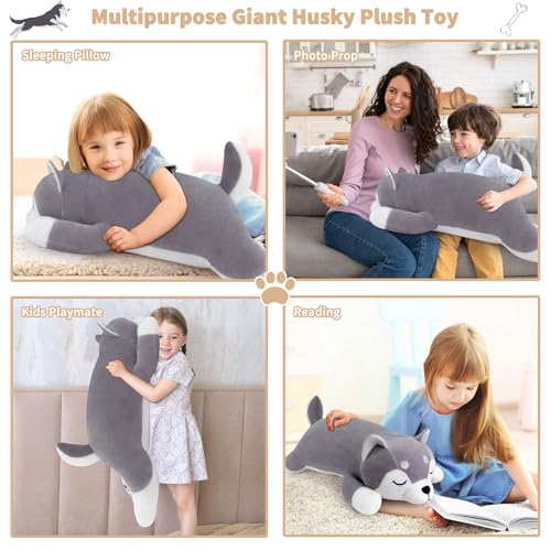Image of Auspicious beginning 30'' Husky Stuffed Animal Plush Pillow, Huskies Anime Body Pillow, Kawaii Stuff Animal Plush Toy, Big Plushie Stuffed Dog Giant Plush Throw Pillow Gifts for Boys Girls