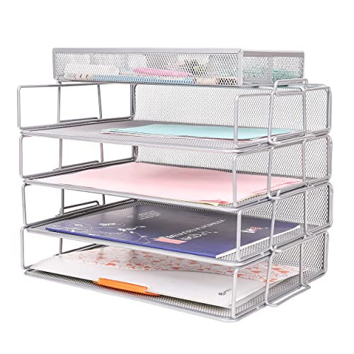 Exerz Stackable Paper Sorters 4pcs with an Accessory Organiser/ 4 Tiers Letter Trays with Extra Divider Memo Holder On Top - Metal Desk Organiser Office, School, Home