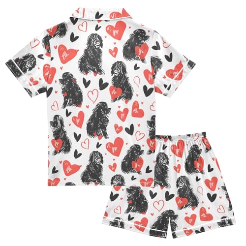 ALAZA Black Puppy Dog with Heart Satin Pajamas Set Short Sleeve Button Down Sleepwear Summer Pjs 2 Piece2