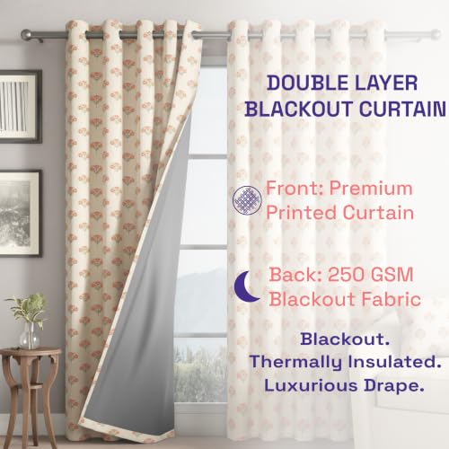 Image of Wakefit Printed Blackout Long Door Curtains 9 Feet | Set of 1 | Upto 99% Room Darkening | Double Layered Fabric | Thermal Insulated & Noise Reducing Curtains for Living Room| Petaltip Beige
