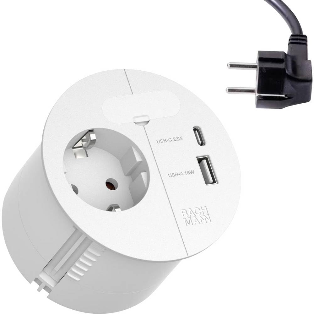 BACHMANN Einbausteckdose Loop IN Charge 1x Steckdose 1x USB A/C 22W mit Kabeldurchführung 2m Zuleitung für Büro, Besprechungsraum und Wohnraum in Weiß 938.301