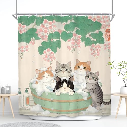 SVBright Adorable Cats Shower Curtain 72Wx72L Inch Kids Japanese Anime Cute Animal Funny Pink Floral Green Leaf Vintage Cartoon Kitten 12 Pack Hooks Polyester Waterproof Fabric Bathroom Bathtub Panels - Image 2