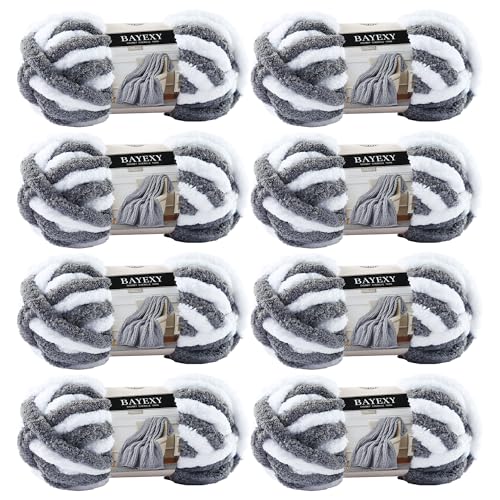 Image of Chunky Chenille Yarn for Hand Knitting 8 Jumbo Pack Jumbo Chunky Yarn for Hand Soft Blanket Knitting, Bulky Thick Fluffy Yarn for Crocheting (White Gray)