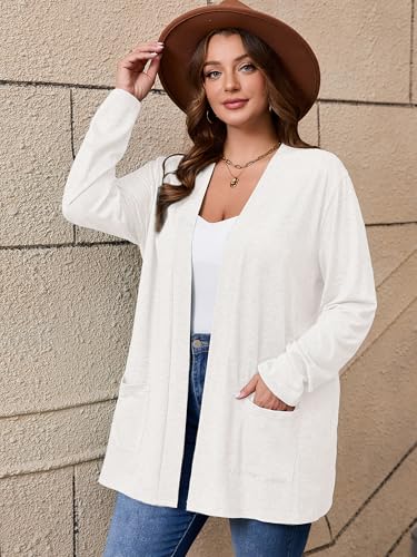 Image of AusLook Plus Size Lightweight Cardigans for Women Open Front Pockets Jacket | 1X-5X,Soft Stretch,Long Sleeve,Longline Coverage,Dress Jeans Layer,Work Travel Style,Spring Fall Wear