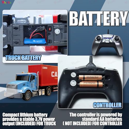 Image of VikriDA Remote Control Container Truck Toy for Kids, 2.4GHz RC Cargo Transport Truck with LED Lights & Sound Effects, USB Rechargeable Battery