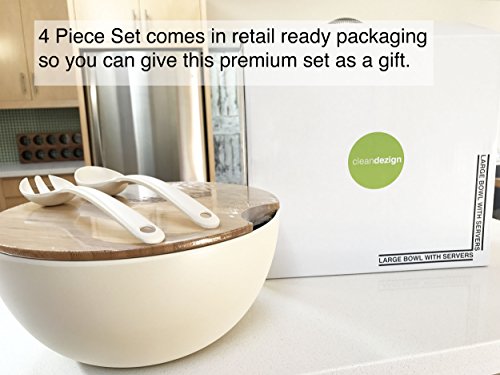 Clean Dezign 11.5" Large Salad And Serving Bowl With Bamboo Wood Lid And Servers Set - Bamboo Fiber Mixing Bowl And Utensils With Wooden Cutting Board Top (Large, Natural White) #TOP5