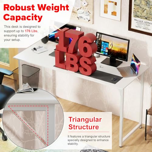 Image of PayLessHere | 55 Inch Computer Desk | White | Office Desk with Metal Frame, Adjustable Feet | Water-Resistant, Scratchproof Surface | Sturdy Writing Table for Home Office or Study | Pack of 1