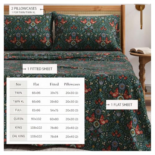 Image of Great Bay Home Christmas Flannel Sheet Set Queen Size - 100% Turkish Cotton, Double-Brushed, Winter Bed Sheets - Ultra-Soft, Cozy, 4-Piece Holiday Bedding Set (Cardinal Garden)