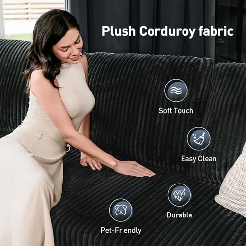 Image of 105 inch Cloud Sectional Couch, L-Shaped Modular Sectional Sofa with Deep Seat, Boneless Couches for Living Room Bedroom, Corduroy Upholstery Green, Left Facing Chaise