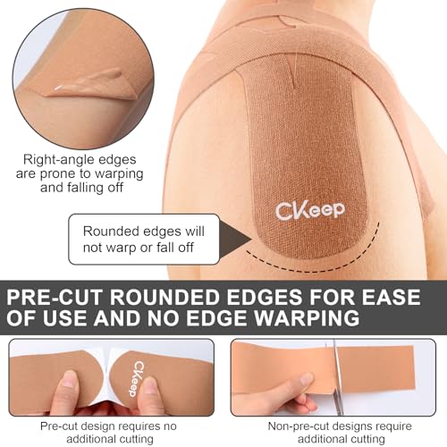 Image of CKeep Kinesiology Tape, 2 Rolls 2 Inch Wide Elastic Precut Strips, Beige | Cotton Latex Free Hypoallergenic Breathable Athletic Tape, Sticky & Waterproof Kinetic Tape for Joint Support Injury & Sprain