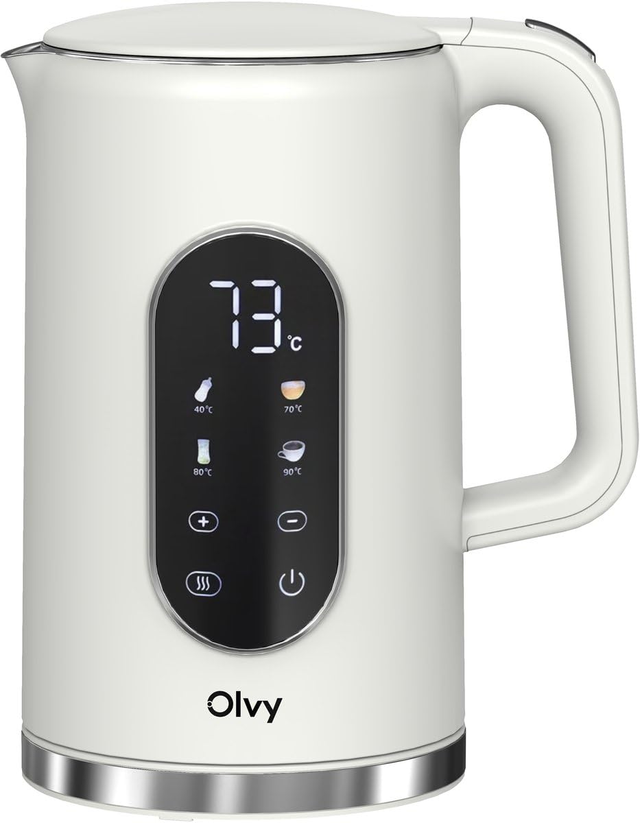 Olvy Electric Kettle 1.7L with Temperature Control - 2200W Fast Boil - Keep Warm Function - Double-Wall Stainless Steel - Cool-Touch Exterior - Anti-Scale Filter (White)