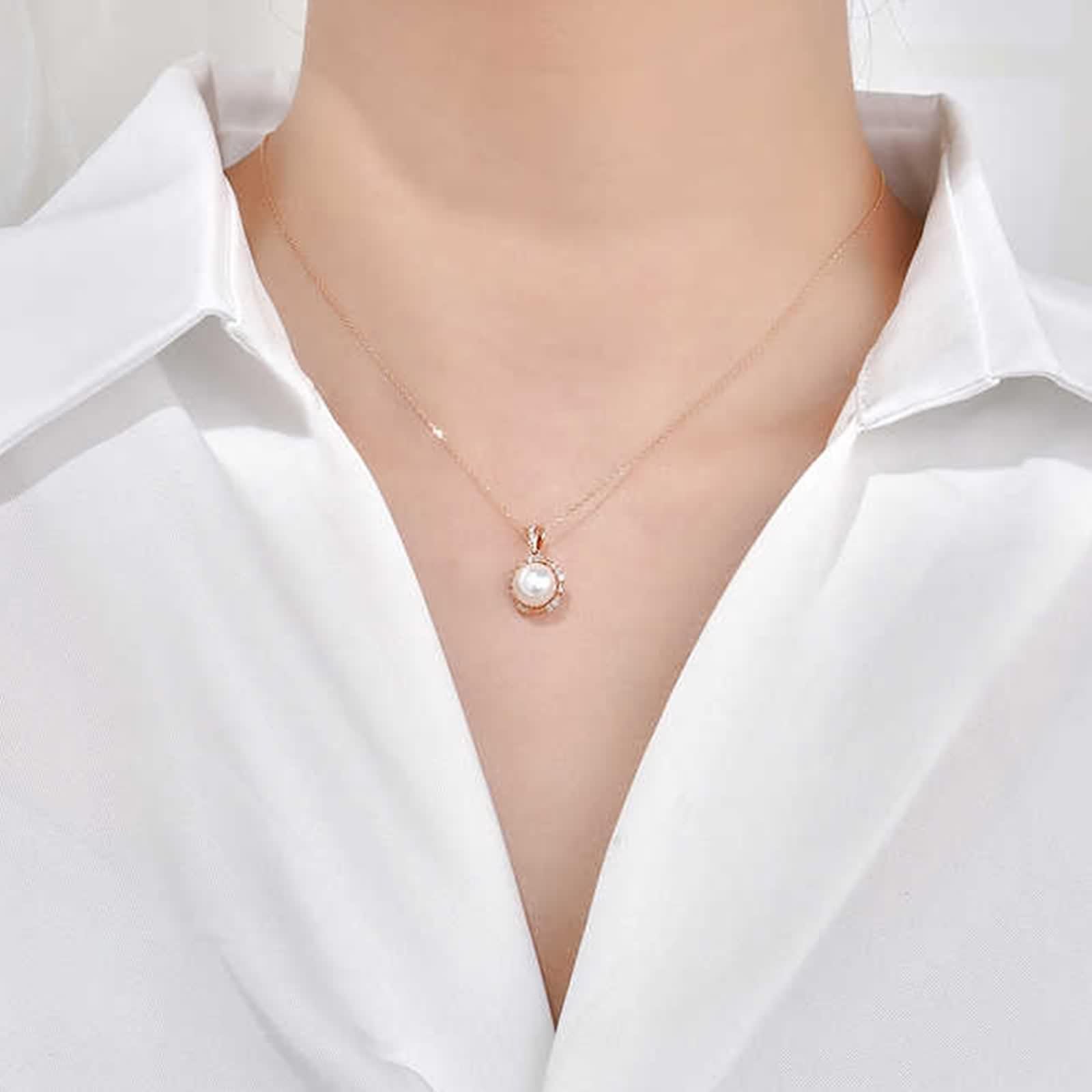 Halskette Damen Anhänger, Kette Lang Weiß Diamant Elegant Echter Schmuck 9K/14K/18K Roségold