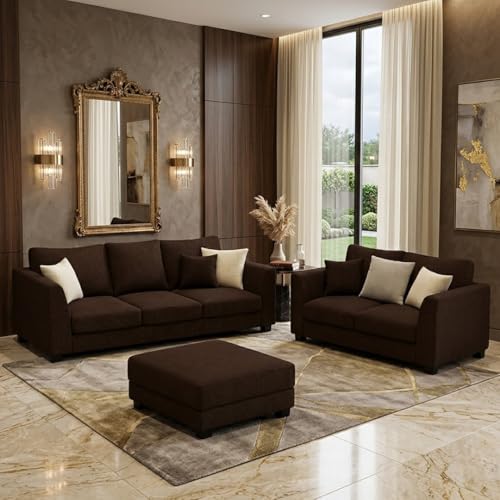 Image of SOCOZI Trevano 5 Seater Sofa Set with Ottoman (3 Seater + 2 Seater + Ottoman) | Soft Velvet Suede Fabric | Plush Comfort Cushions for Living Room (Dark Brown)