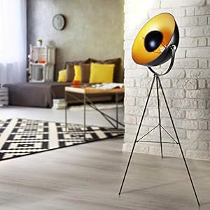 Jago® Lampadaire Industriel Trépied – 70x70x139 cm, Orientable avec Abat-Jour Métallique, Noir et Doré, 60W, LED, E27, Style Vintage – Luminaire, Lampe pour Salon, Lampe sur Pied, Projecteur
