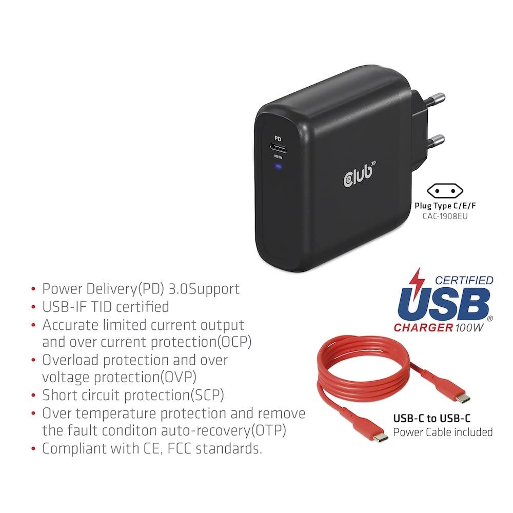 Club3D CAC-1908EU - Caricabatterie da viaggio, 100 Watt, tecnologia GAN, certificazione USB-IF, connettore singolo, USB Type-C, Power Delivery (PD) 3.0
