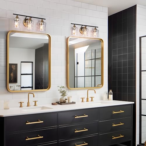 Image of KSANA Black and Brass Vanity Light, Modern Black Gold Bathroom Light Fixtures with Water Textured Glass Shade, 3-Light Bathroom Lighting Over Mirror