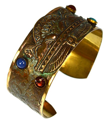 Elaine Coyne Collectible Artwear Egyptian Motif Patina Brass Dual Sphinx Cuff Bracelet - Semiprecious Stones2