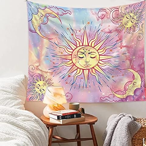 Sun Constellation and Star Tarot Card Tapestry Botanical Mushroom Moon Phase Tapestry Sun and Moon Tapestry Tapestry Galaxy Astronaut Tapestry Aesthetic Bohemian Wall Hanging Tapestry for Room Home Cover
