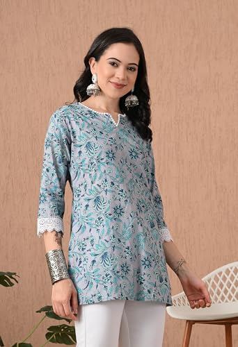 Image of Amazon Brand - Tavasya Women Floral Printed Trendy Short Kurti | Embroidered Ethnic Wear | Regular Fit | Tunic Shirt