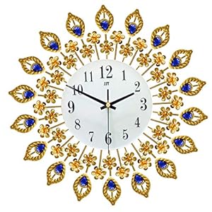 Jroyseter Vintage wandklok, grote wandklok, moderne klok, ijzeren kunst gouden decoratieve klok, pauw wandklok, stille…