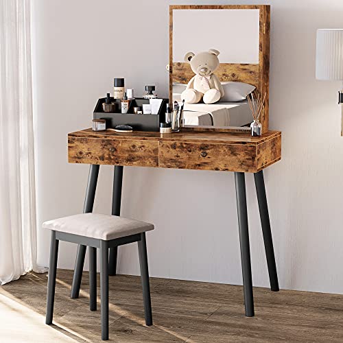 IRONCK Vanity Table with Jewelry Armoire with Mirror, Vanity Set with Stool, Rustic Makeup Dressing Table, Vintage Brown