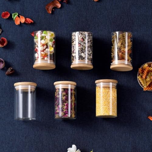 Image of glass jars with Round wooden lid glass jar 270 ml set food storage containers Borosilicate glass jar for Sugar, Tea, and Other Dry food storage set of 6 (6, Round BAMBOO LID GLASS JAR 270ml -)
