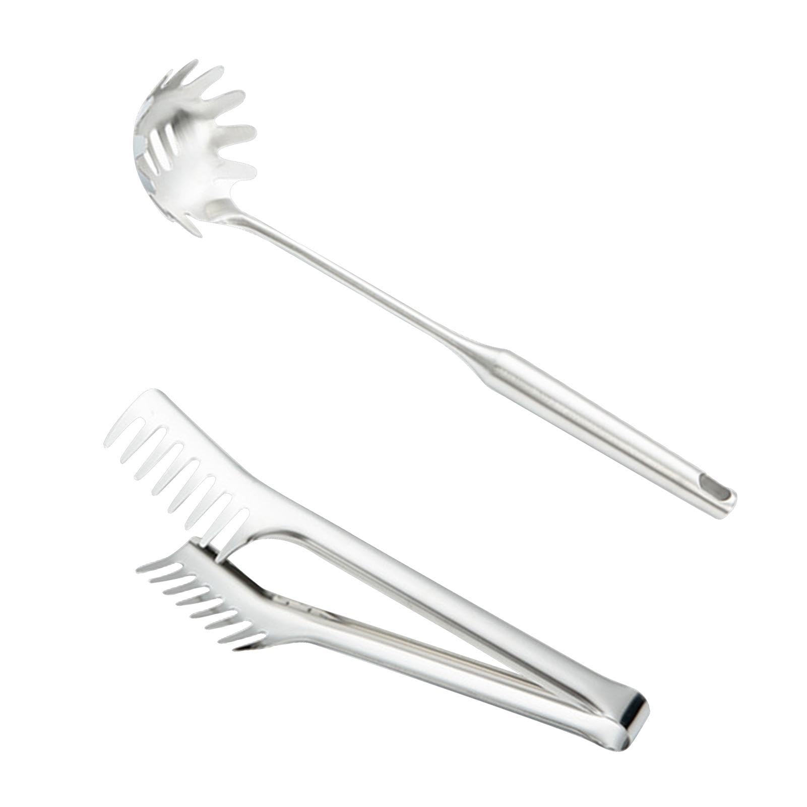 Lot de 2 fourchettes à nouilles, cuillères à spaghetti et pince à pâtes – Couverts de service en acier inoxydable avec poignée confortable pour cuisiner des pâtes à spaghettis