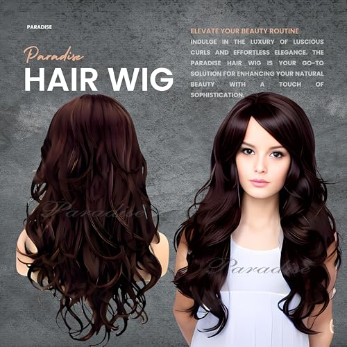 Image of Paradise Hair Wig for Women Long Brown With Burgundy Highlights Wig for Women 28'' Long Straight Brown Hair Wig Natural Cute Wigs for Daily Party Halloween (Includes 2 Wig Cap And 1 Carry Pouch) (Dark Brown)