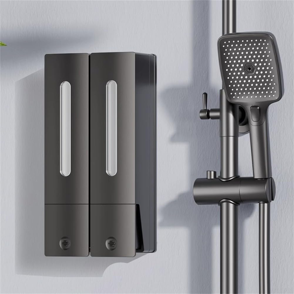 Dispensador de jabón montado en la pared, para gel de ducha y champú, dispensador montado en la pared, botella de bomba de 400 ml, recipiente de detergente para platos de cocina (doble negro)