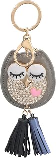 YONGYAN Fashion Owl Rhinestone Keychain Purse Bag Leather Tassel Charms Accessories Bag Pendant Car Keyring Gift for Women (Grey)