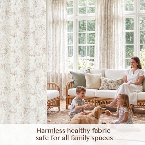 Image of THREE GIRLS Floral Linen Curtains Light Filtering Vintage Farmhouse, Back Tab Rod Pocket Cottage Core Magnolia Print Drapes for Living Room Bedroom Dining Room, Beige on Beige, 95 Inches, 2 Panels