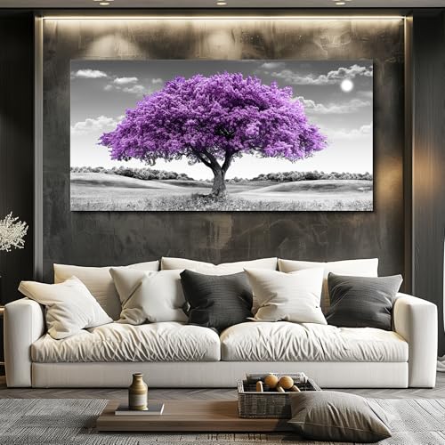 Large Canvas Wall Art for Living Room Wall Decor for Office Aesthetic Bedroom Wall Decorations Purple Tree Landscape Painting Black and White Pictures Artwork Room Modern Home Decor