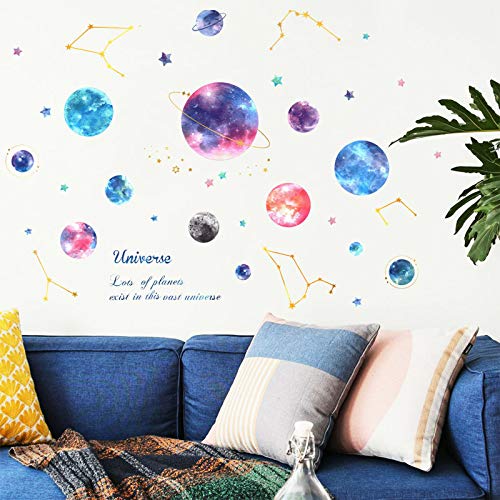 Planets in The Space Kids Wall Stickers Watercolor Space Planet Star Constellation Wall Decals, DILIBRA Peel and Stick Removable DIY Solar System Wall Stickers for Kids Nursery Bedroomâ€‚Living Room