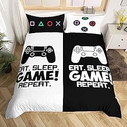 Juego de ropa de cama para niños y niños, diseño de videojuegos, color blanco y negro, para hombres y mujeres, 135 x 200 cm, microfibra, suave, transpirable, 2 unidades