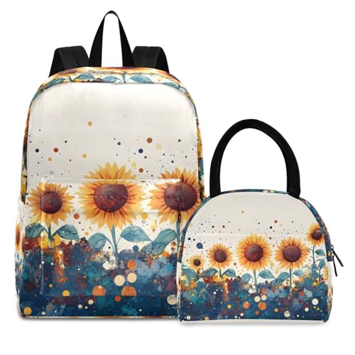 Backpack Lunch Bag Set Art Sunflowers Print, Big Storage Travel Backpacks with Insulated Lunch Box for Office Hiking Picnic