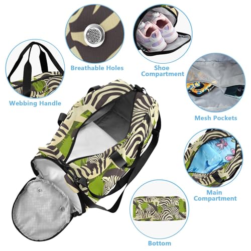 Duffle Bag Kids Gym Bag with Shoes Compartment & Wet Separation Overnight Travel Duffel Bag Zebras and Leaf for Girl Boy4