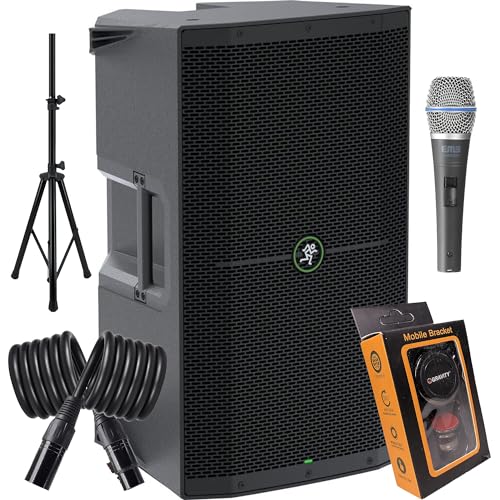 (1) Mackie Thump212XT 1,400-watt 12-inch Powered Speaker with Bluetooth Streaming, Feedback Eliminator, Music Ducking, Dual TRS/XLR Bundle with EMB XLR, Microphone, Stand, Gravity Magnet Package