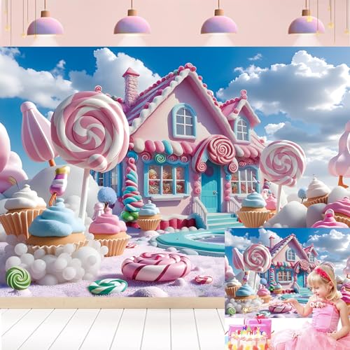 Image of Candyland Backdrop Winter Christmas Sweet Candy House Donut Lollipop Ice Cream Photography Background Girl Princess Baby Shower Candy Theme Birthday Party Decoration Banner Photo Props (7x5FT)