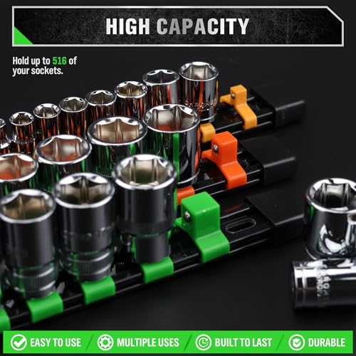 SWANLAKE 36-Piece Socket Organizer, 1/4-Inch x 192 Clips, 3/8-Inch x 180 Clips, 1/2-Inch x 144 Clip, Socket Holder Clip Rail, Drive Sockets Trays for Tool Box Drawer