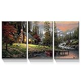 Denozer 3 Panels Classic American Countrystyle Canvas Wall Art 28x40 inch Thomas Kinkade Garden Landscape Painting for Living Room Modern Landscape Prints for Home Decor