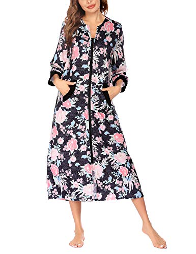 Image of Ekouaer Women Zipper Robe 3 /4 Sleeves Loungewear Dress Full Length Sleepwear Pockets Housecoat Nightgown Long Bathrobe